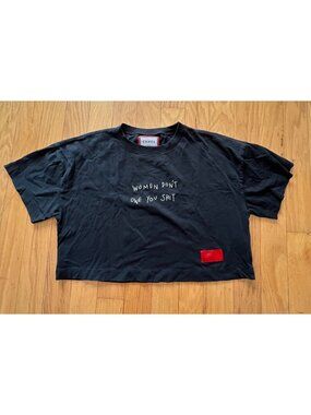 CHNGE Women's Don't Owe You Sht Crew Short Sleeve Boxy Crop Top, Black, Large